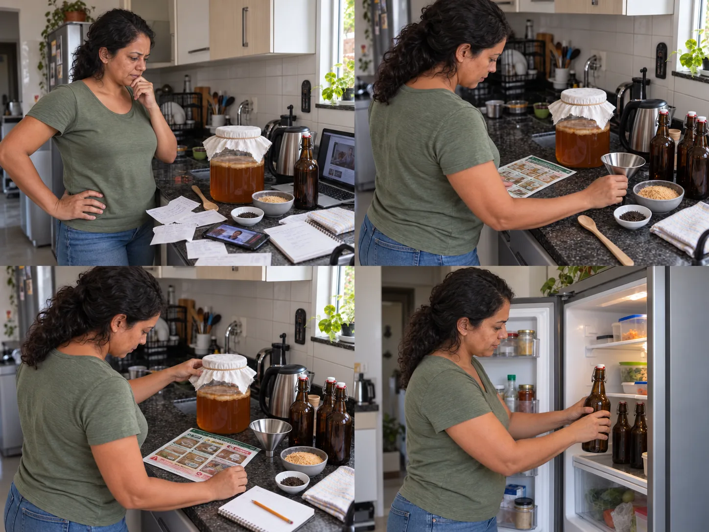 Quatro cenas com a mesma mulher brasileira: dúvida na bancada, organização com as páginas reais Bancada Pronta e Normal, Atenção ou Descarte voltadas para ela, comparação durante o preparo e garrafa fechada sendo refrigerada