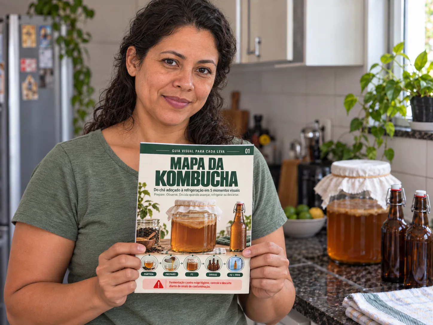 Mulher brasileira olhando para a câmera e mostrando a capa do Mapa da Kombucha