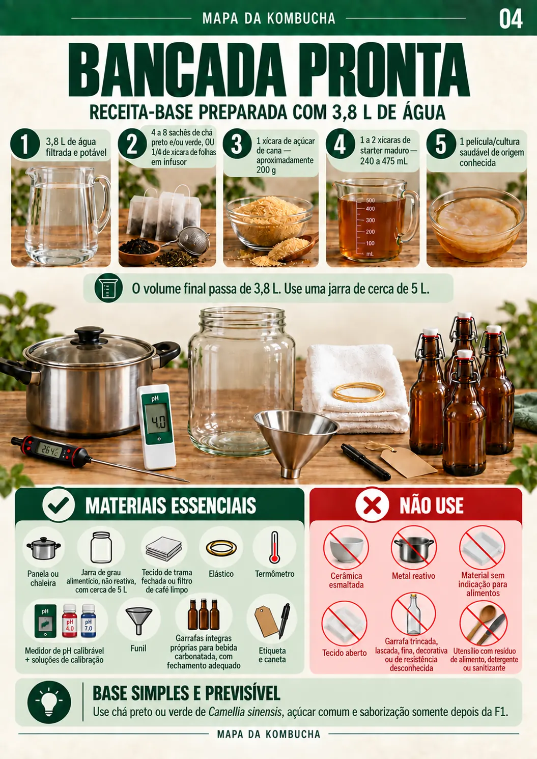 Página com ingredientes, medidas, recipientes e utensílios para preparar a bancada